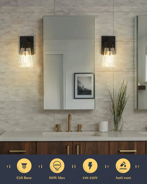 Two Light Wall Sconce In Brushed Nickel With Clear Glass Shades For Modern Vanity And Bathroom Lighting Sleek Wall Lamp For Bathroom Mirror Easy Install And Durable Performance in a bathroom setting