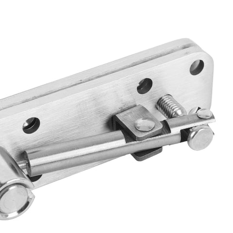 Close-up of hidden stainless steel door hinge, showcasing pivot and adjustable extension, heavy duty 360 degree pivot.