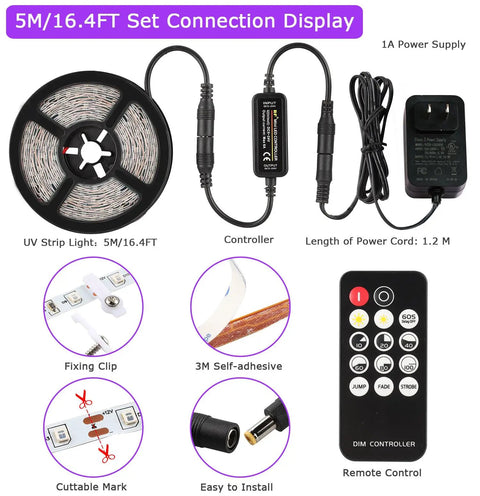 Upgraded 16.4Ft 5M LED Black Light Strip Kit with Remote Control and power supply, connection display