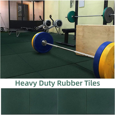 Gym with barbell on Interlocking Rubber Tiles 20x20x1 Heavy Duty Non Slip Flooring Mat Green For Indoor Outdoor Gyms Playgrounds And Parks