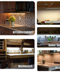 Under Cabinet LED Light Bar 12 Inch Touch Activated And Dimmable Aluminum Fixture shown in kitchen, workbench, and desk setups