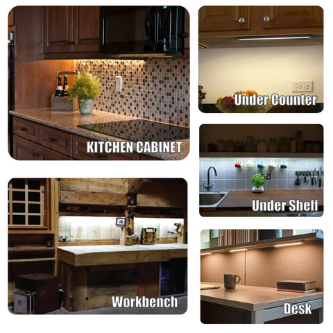 Under Cabinet LED Light Bar 12 Inch Touch Activated And Dimmable Aluminum Fixture shown in kitchen, workbench, and desk setups