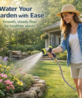 Woman watering garden with Beefy Heavy Duty 50 Ft Stainless Steel Garden Hose With No Kink Design, sunny day