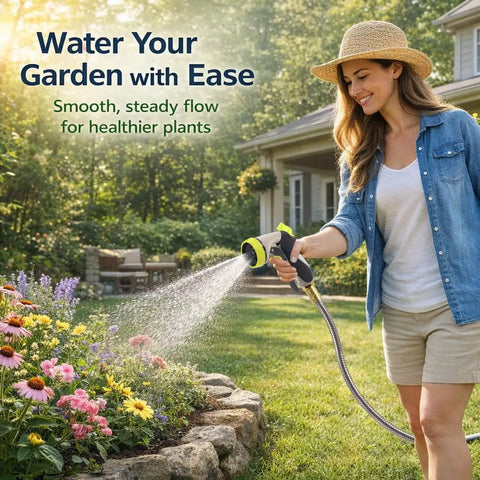 Woman watering garden with Beefy Heavy Duty 50 Ft Stainless Steel Garden Hose With No Kink Design, sunny day