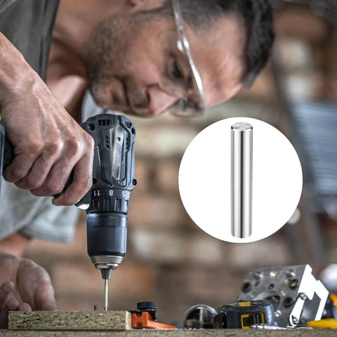 Man using a drill with a 72 Pack Pro Grade Workhorse Dowel Pins, Precision Ground 3 Mm Hardened Steel Alignment Pin shown in close-up.