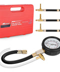 Nilight fuel pressure tester kit with quick-connected hose, 0–100 PSI gauge, red case, 4 fittings.