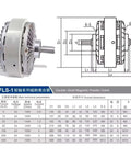 Technical diagram and side view of Dual Axis Magnetic Powder Clutch For 24V Motors, Tension Control Brake, Model FL100A-1, 10kg load capacity.