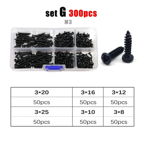Heavy Duty Black Steel Micro Phillips Wood Screws Round Pan Head Self Tapping Hardware Kit with 300 pcs in storage box.