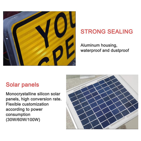 Solar Powered Radar Speed Sign With Real Time Speed Display, aluminum waterproof case and solar panel detail view.