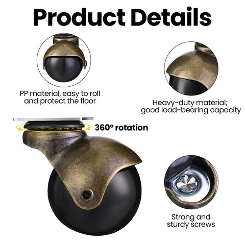 Heavy Duty Four Pack Two Inch Vintage Antique Brass Ball Caster Wheels With Slick 360 Spin Bearing showcasing rotating wheel and details.