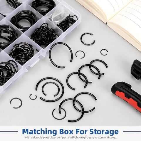 DIY Ready 322 Piece Metric Round Wire Snap Ring Kit 7mm To 30mm Internal Circlips in clear case with tool on table