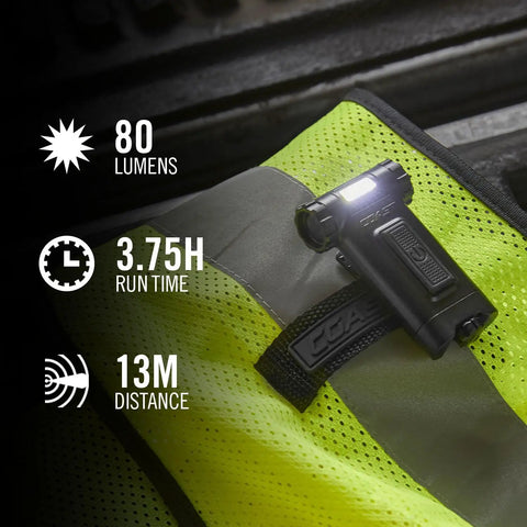 Magnetic LED Clip Light With Dual Color White And Red Beams, 80 Lumen, beam rotation, on safety vest, anti glare, hands-free utility