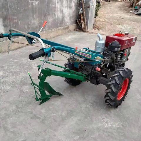 Two Wheel Power Tiller Workhorse for Small Farms and Backyards, mini cultivator motocultor on concrete surface