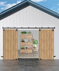 16 Foot Heavy Duty Box Rail Exterior Barn Door Hardware Kit For Two Doors Outdoor Sliding System installed on wooden doors