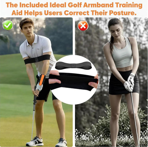 Golf Wrist Brace And Swing Trainer for Ambidextrous Use demonstrated by male and female golfers with posture aid included