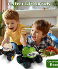 Kids playing with Rad Dinosaur Monster Truck Remote Control Car With Spray Lights And Music, Three Dope Stunts, Durable Design