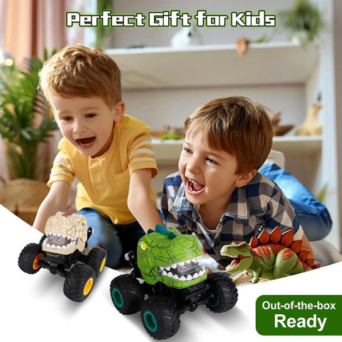 Kids playing with Rad Dinosaur Monster Truck Remote Control Car With Spray Lights And Music, Three Dope Stunts, Durable Design