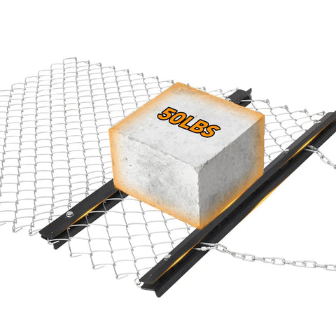Rust-proof 4 Foot By 5 Foot Chain Harrow for ATV and UTV tractor attachments with 50 lbs weight showing drag capacity