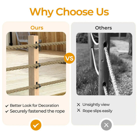 Comparison of rope fences with and without 4 Pack 2 Inch Rope End Snap With Cross Screw For Hemp Rope Fencing And Deck Railing Kit