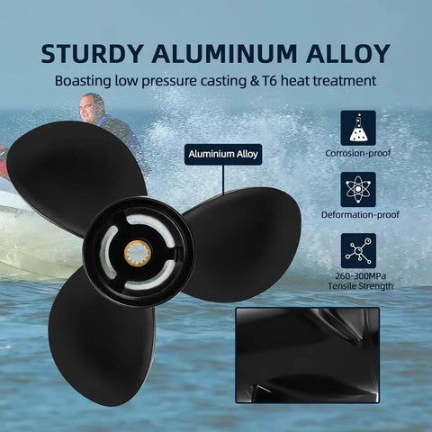 Aluminum Boat Outboard Propeller For 8HP To 15HP, 9 1 4 Inch Diameter, 9 Inch Pitch, Right Hand Rotation, 13 Spline, Three Blade