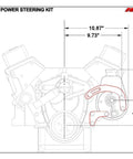 Diagram of SBC Power Steering Pump Bracket in Billet Aluminum, low driver side mount, dimensions shown, fits 350 Small Block Chevy.