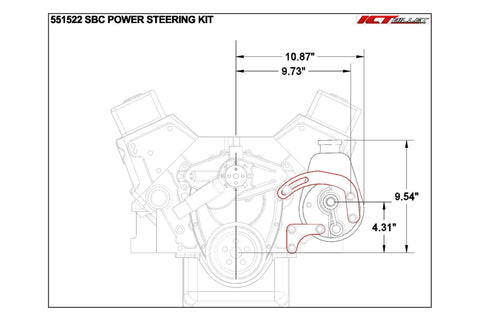 Diagram of SBC Power Steering Pump Bracket in Billet Aluminum, low driver side mount, dimensions shown, fits 350 Small Block Chevy.