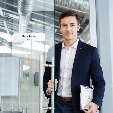 Man in office with Crystal Clear Acrylic Wall Name Plate Holder 2 x 8 Inch Pack of 20 With Adhesive Tape Mounts.