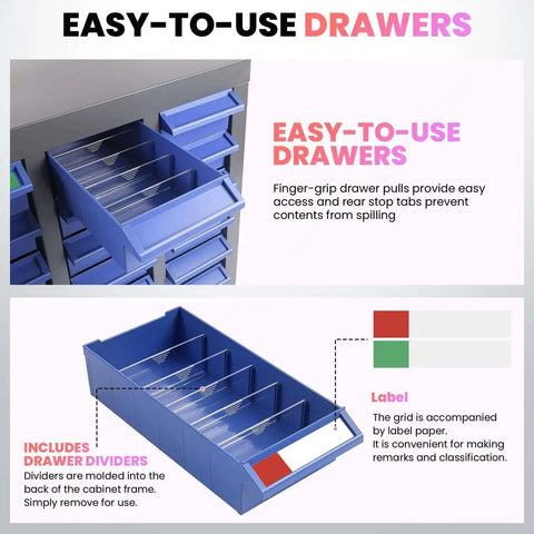 Close-up view of 40 Drawer Metal Parts Storage Cabinet With Alloy Steel Frame And Removable ABS Bins showing drawer details.