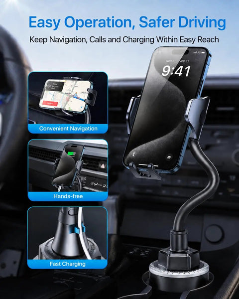 Built Tough Cup Holder Phone Mount with solid metal gooseneck and 360 degree rotating holder in car dashboard
