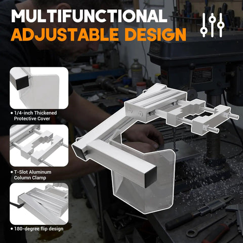 Drill Press Guard For Benchtop And Floor Models With 2.0 To 4.0 Inch Column Diameters Flip Up Safety Shield Adjustable Protective Cover Easy Install Fits Throat Depth 5 To 10 Inches showing multifunctional adjustable design.