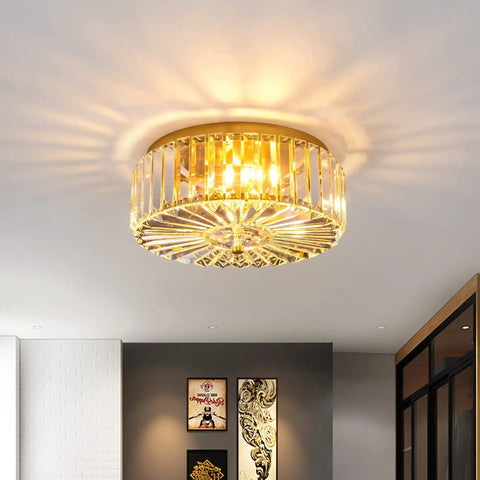 Four Light Crystal Drum Ceiling Light Fixture With Gold Brass Finish, Flush Mount Round Metal Shade, Dimmable And E12 Bulb Compatible, Luxe Modern Glow That Slaps In Dining Room, Living Room, Bedroom, And Bathroom