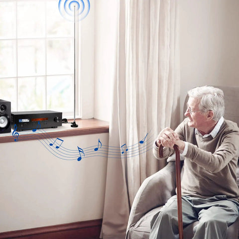 Strong Magnetic Base FM Radio Antenna Telescopic For Indoor Home Theater Receivers With Bluetooth HD FM on a window ledge