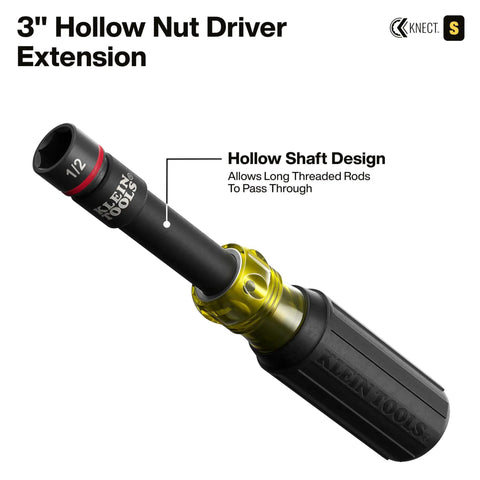 3" Hollow Nut Driver Extension with KNECT design, showing hollow shaft for long threaded rods. Pass-Through Impact Socket Set 33-Piece SAE And Metric With 7 SAE And 8 Metric Pass-Through Sockets, 12 ProFlex Impact Driver Bits, 3 KNECT Adapters, And MODbox Organization For Tough Auto And Shop Jobs.