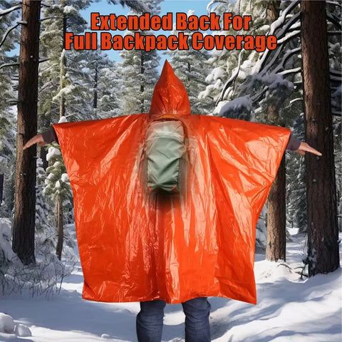 Person wearing 4 Pack Emergency Ponchos With Reversible Orange And Reflective Silver Hooded Heat Retention Mylar, over a backpack.