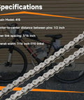415 Chain 110L Links Beefed Up Heavy Duty Dirt Bike Chain displayed with specifications and motorized bicycle in background