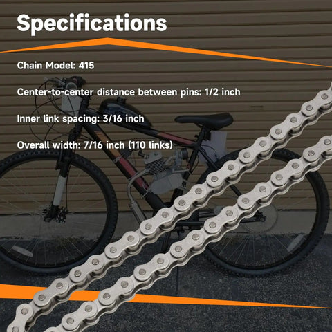 415 Chain 110L Links Beefed Up Heavy Duty Dirt Bike Chain displayed with specifications and motorized bicycle in background