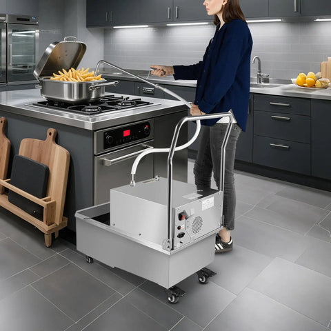 Heavy Duty 550W Commercial Oil Filter Machine Cart With 14.5 Gallon Tank, Stainless Steel Mobile Fryer Filtration System in use