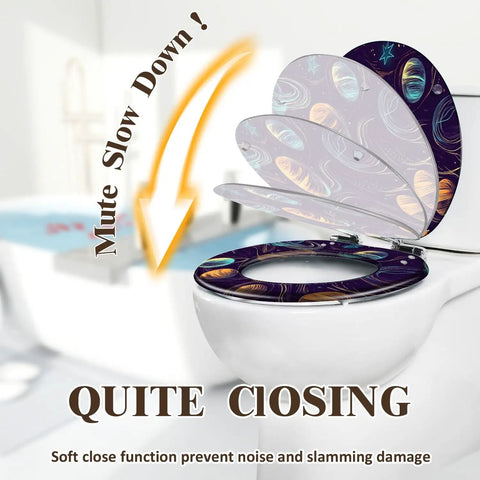 Toilet Seat with Decorative Cover for Bathroom featuring a soft close mechanism, vibrant design, and modern aesthetic.