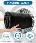 Hand placing black Waterproof Towel Car Seat Cover Sweat-Wicking Front Seat Protector into washing machine, symbols for wash instructions visible.