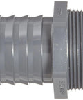 Side view of 1-1/2 Inch Barbed To NPT Male PVC Tube Fitting Adapter, Schedule 40 Gray, Hooks Up PVC Pipe To Flexible Tubing.
