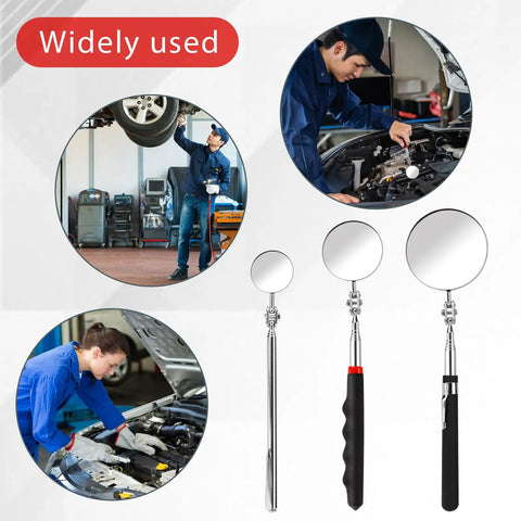 Three Pack Telescoping Inspection Mirror Extendable Mechanic Mirror With 360 Degree Rotatable Head Stainless Steel Round Inspection Tool For Auto Shop Check Small Parts And Tight Spots