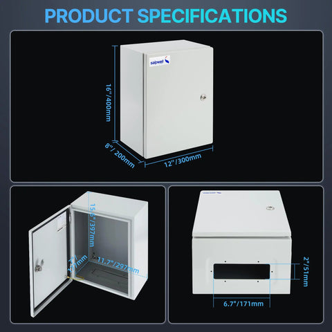 Tough As Nails NEMA 4X Steel Electrical Enclosure Box 16X12X8 showing product dimensions and inside view for installation.