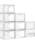 Heavy Duty Super Clear Shoe Organizer With Reinforced Magnetic Front Door Stackable Storage Box set of nine transparent bins arranged in a pyramid.