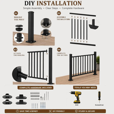 DIY installation guide for Hella Tough Deck Railing Kit With Reinforced Posts for Patios and Stairs.
