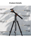 Go To 76 Inch Camera Tripod With Rotatable Center Column And 360 Degree Ball Head, detailed parts view