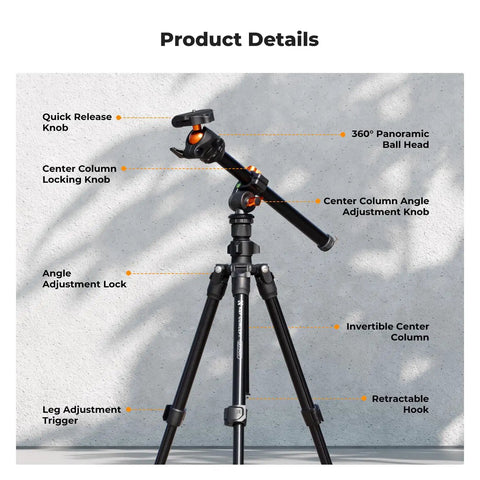 Go To 76 Inch Camera Tripod With Rotatable Center Column And 360 Degree Ball Head, detailed parts view