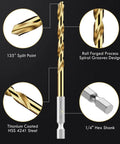 30Pcs HSS Titanium Drill Bit Set With Quick Change Shank for Sheet Metal, Wood, and Plastic, featuring titanium coating, hex shank, split point.