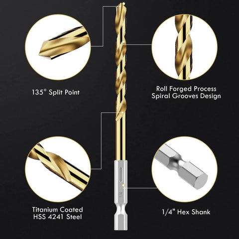 30Pcs HSS Titanium Drill Bit Set With Quick Change Shank for Sheet Metal, Wood, and Plastic, featuring titanium coating, hex shank, split point.