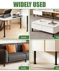 Heavy Duty Adjustable Furniture Legs Set Of Four Tall Metal Cabinet Support Stands For Beds Sofas Chairs And Tables With Quick Install Leveling Base In Matte Black Finish image showing desk, table, sofa, and bed applications.