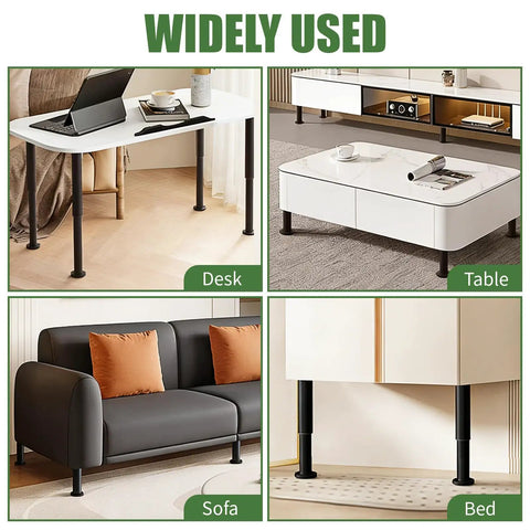 Heavy Duty Adjustable Furniture Legs Set Of Four Tall Metal Cabinet Support Stands For Beds Sofas Chairs And Tables With Quick Install Leveling Base In Matte Black Finish image showing desk, table, sofa, and bed applications.